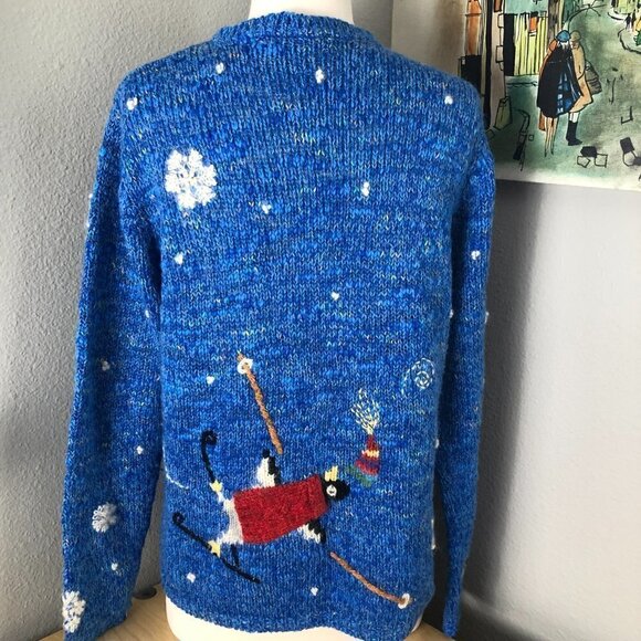 Embroidered Skiing Penguins & Snowflakes Holiday Wool Sweater - Picture 9 of 14
